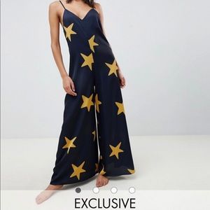 ASOS Design Star Print Satin Plunge Jumpsuit